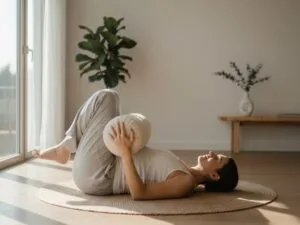 Pregnant women doing pawan muktasana or wind release pose