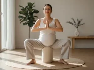 Pregnant women doing Garland Pose (Malasana) with Support